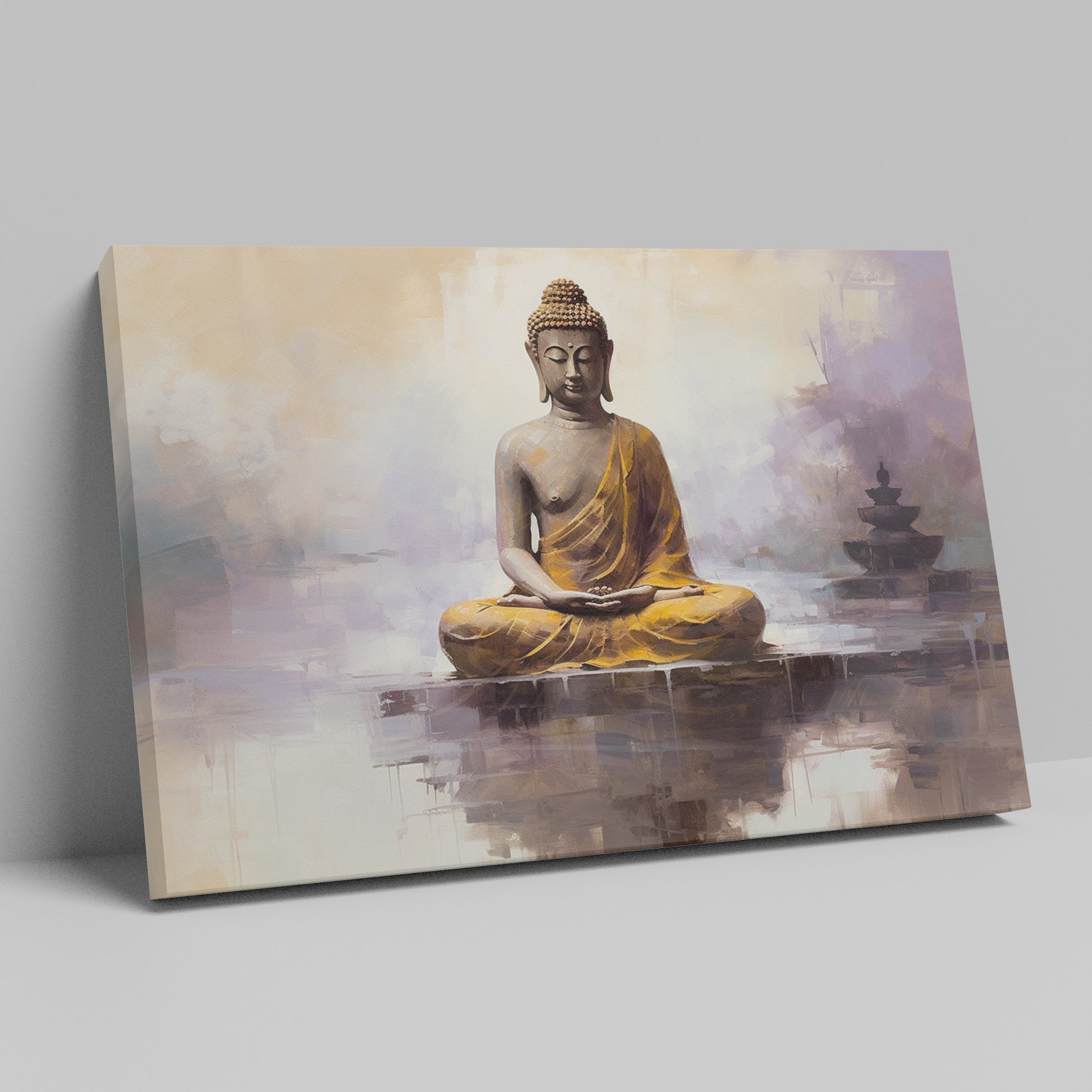 Framed canvas print of a meditative Buddha figure in golden and beige tones with a serene abstract background