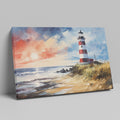 Impressionistic painting of a red and white lighthouse at sunset with vivid blue and orange sky