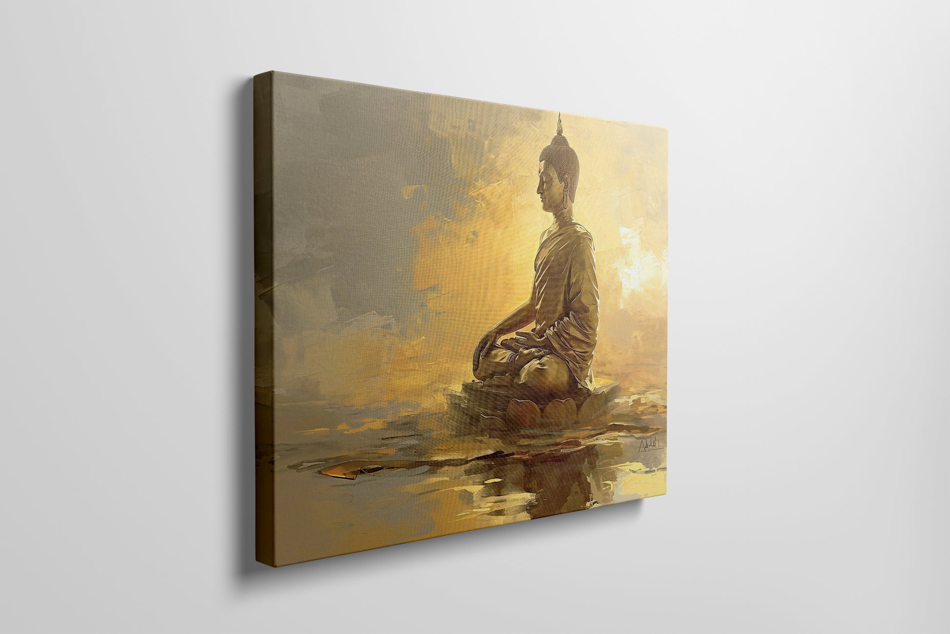 Framed canvas print of a golden Buddha in meditation