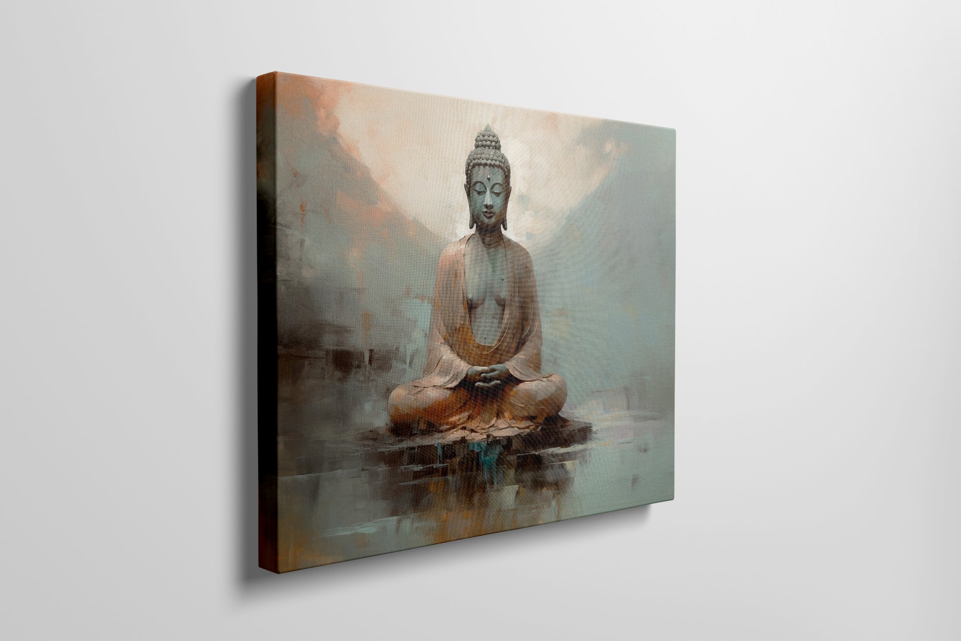 Framed canvas print of a serene Buddha in meditative pose with earthy tones