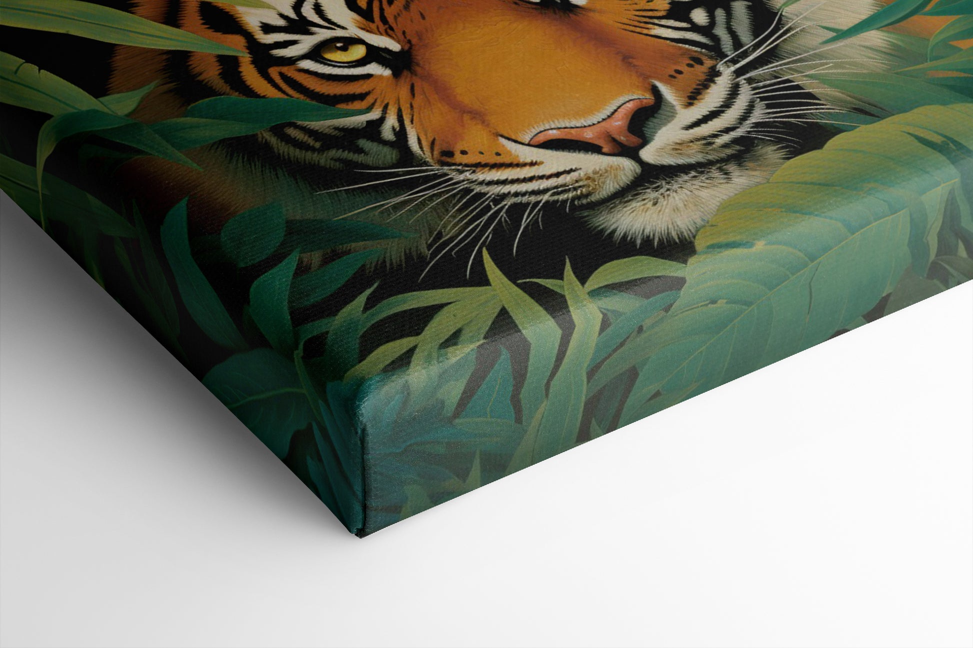 Canvas print of a tiger in a jungle with vivid green leaves around it