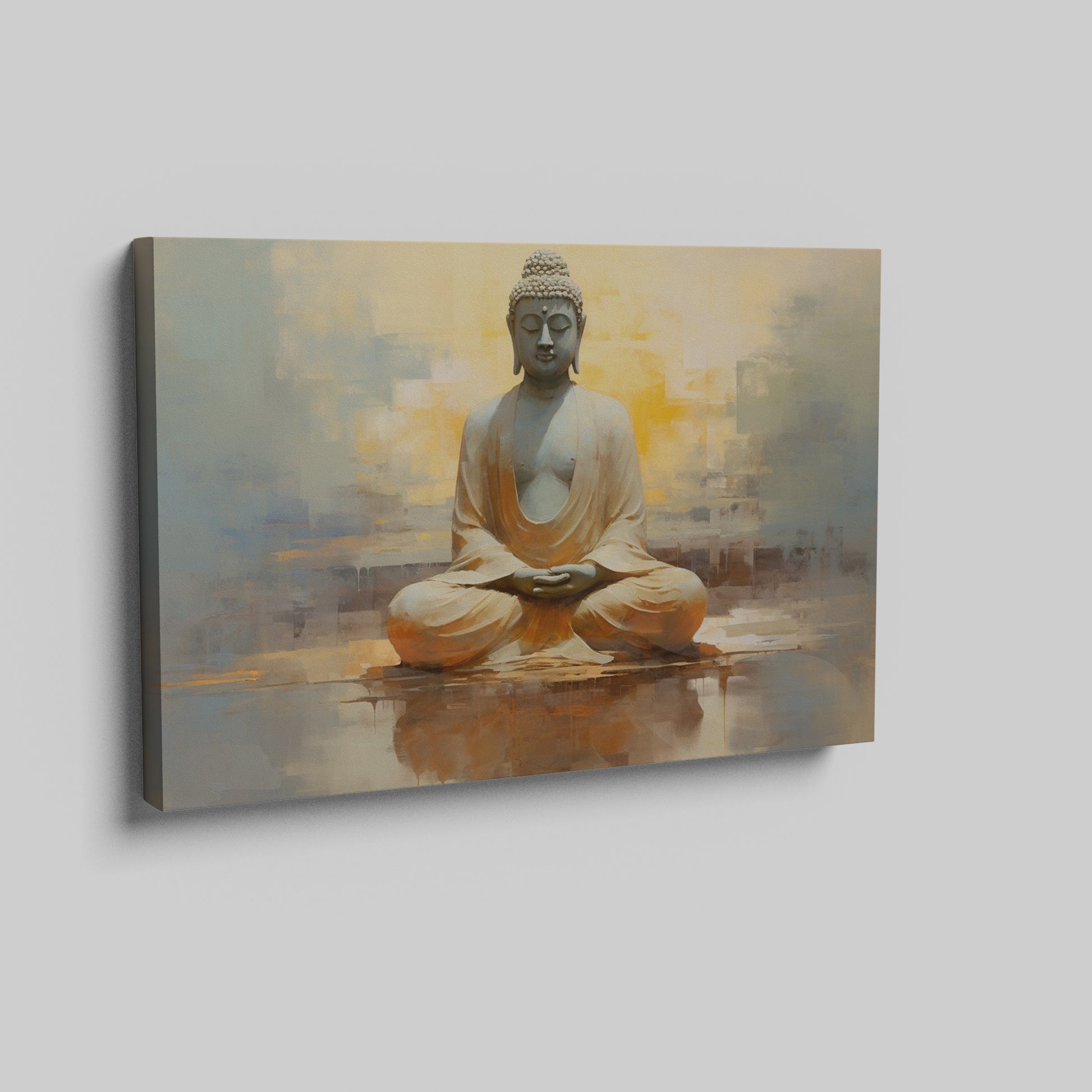 Framed canvas print of serene Buddha in meditation with abstract warm golden background