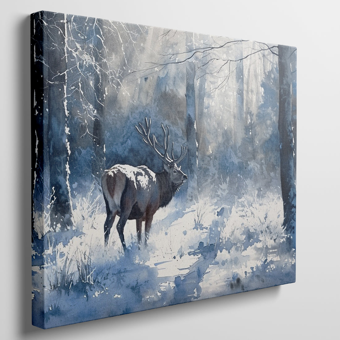 Watercolor painting of a majestic stag in a snowy blue forest