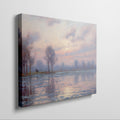 Pastel-hued landscape painting of a sunrise with reflections in the water and silhouetted trees.