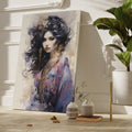 Watercolour portrait of an elegant woman with black hair and gold jewellery, with blue and purple accents