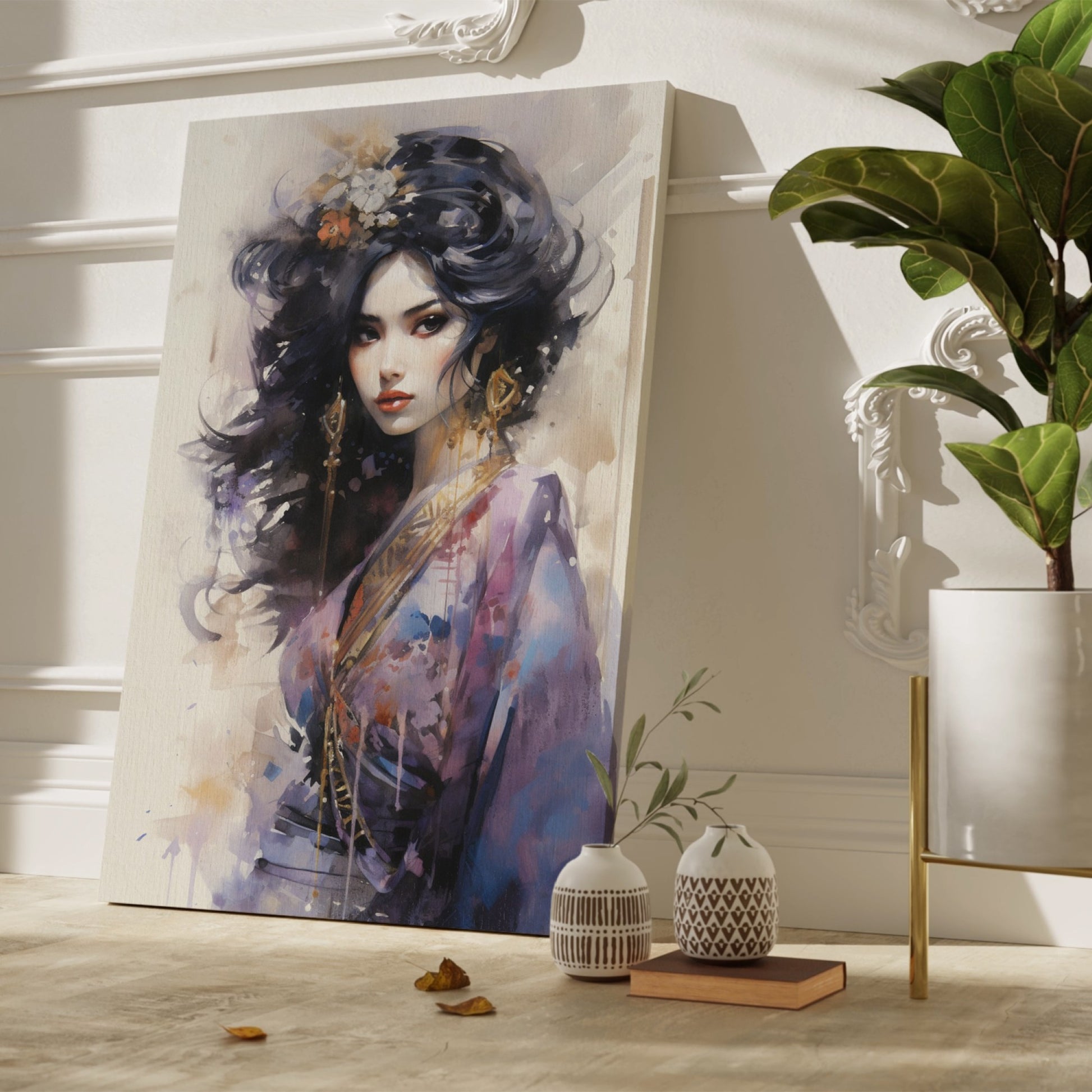 Watercolour portrait of an elegant woman with black hair and gold jewellery, with blue and purple accents