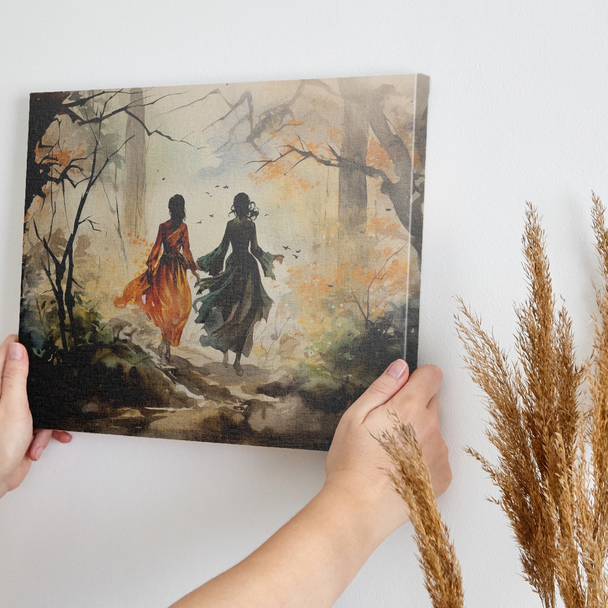 Watercolour painting of two figures walking through an autumn forest with bright orange leaves and birds in flight