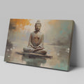 Framed canvas print of serene Buddha in meditative pose with abstract orange and blue background