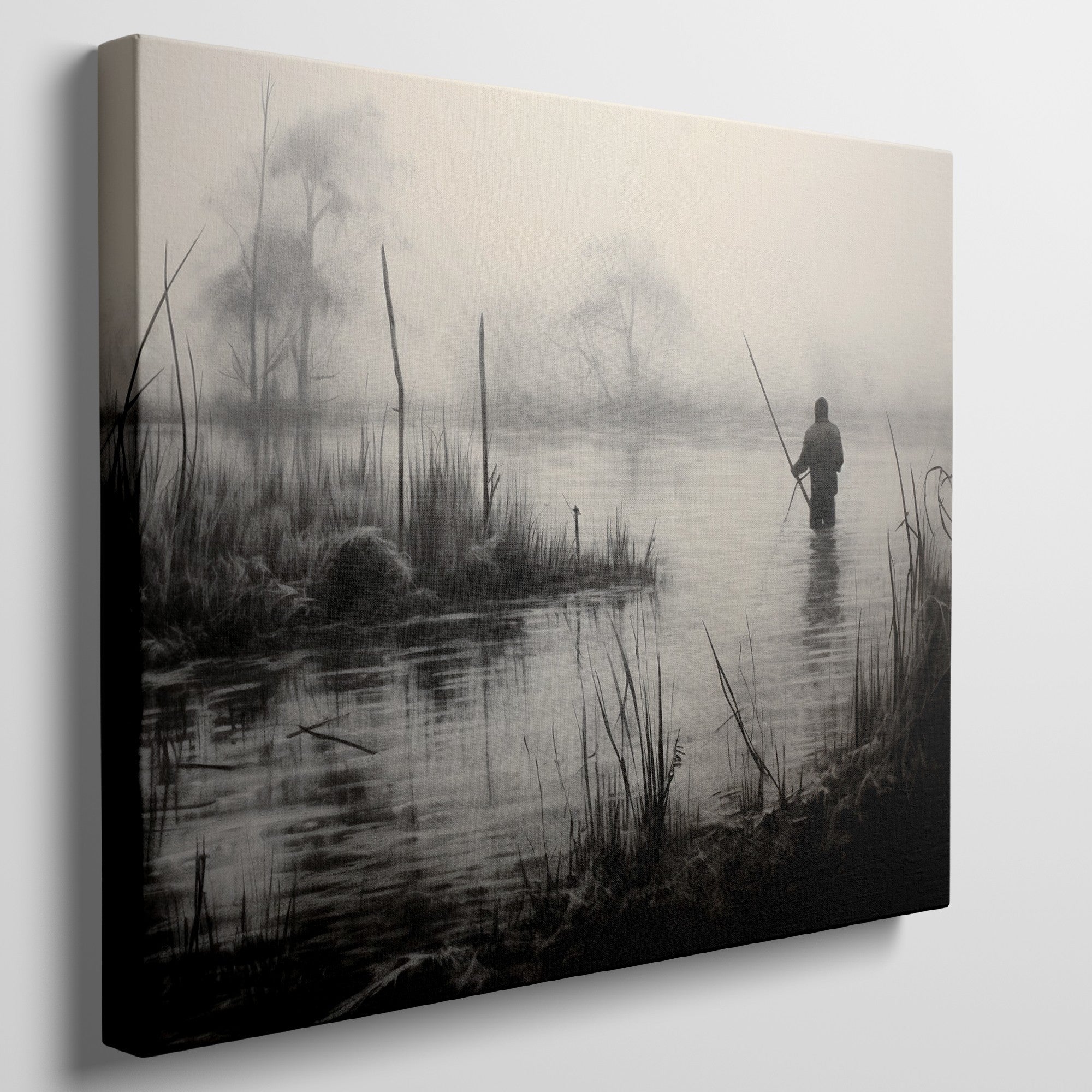 Framed canvas print of a fisherman in a foggy, monochrome lake landscape