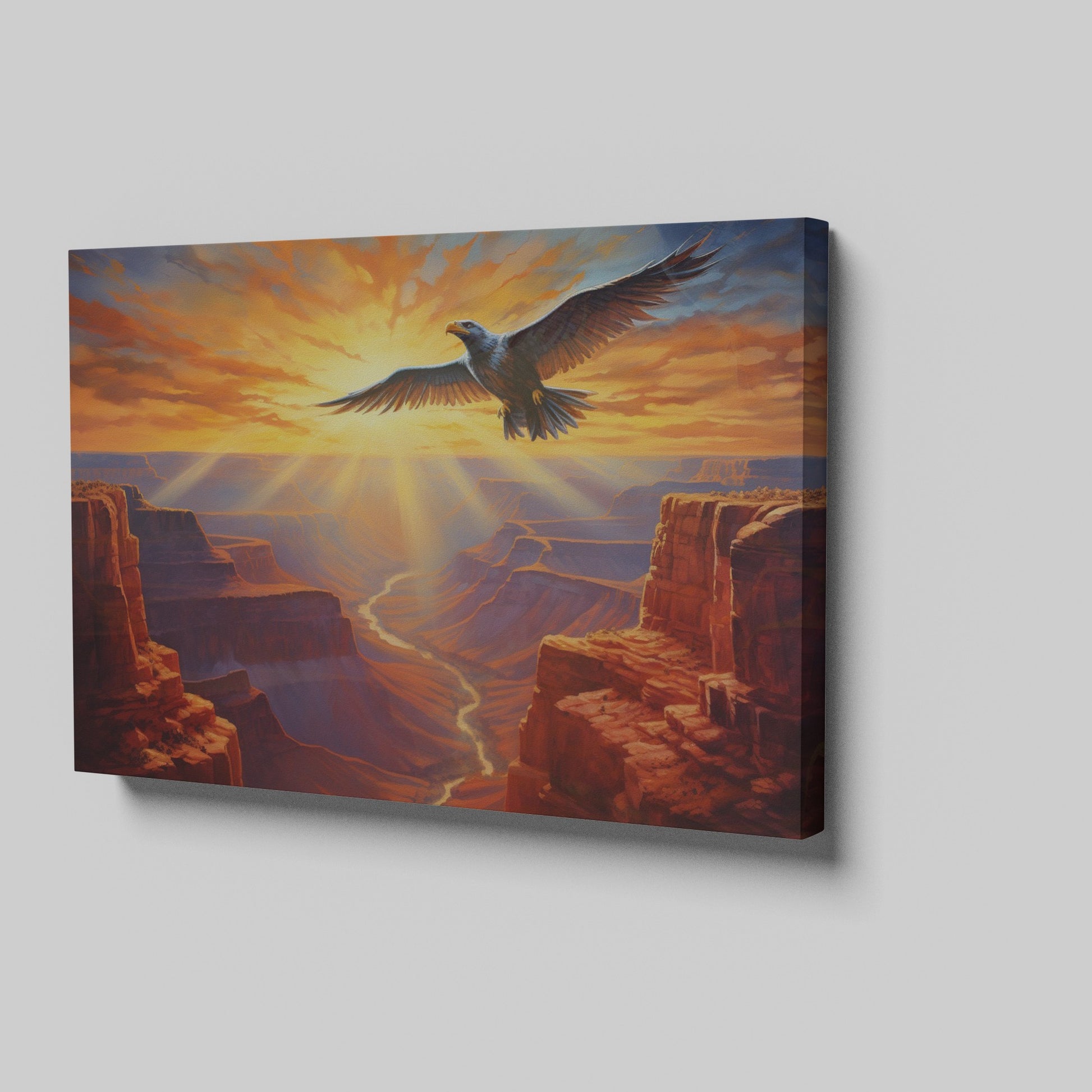 Framed canvas print of a majestic eagle soaring over a stunning canyon at sunset with radiant orange and red hues