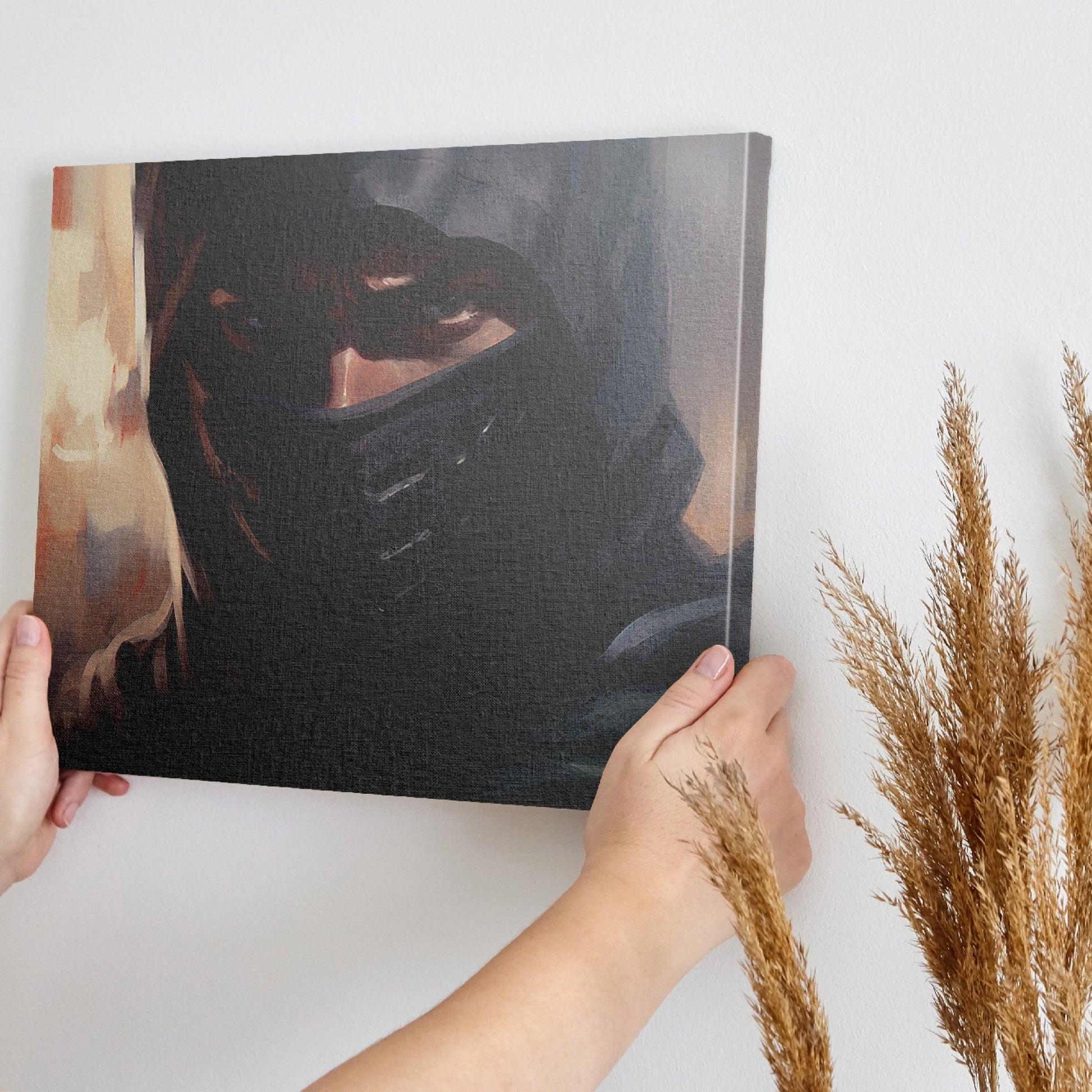 Framed canvas print of a mystic ninja warrior with an intense gaze and a shrouded dark veil.