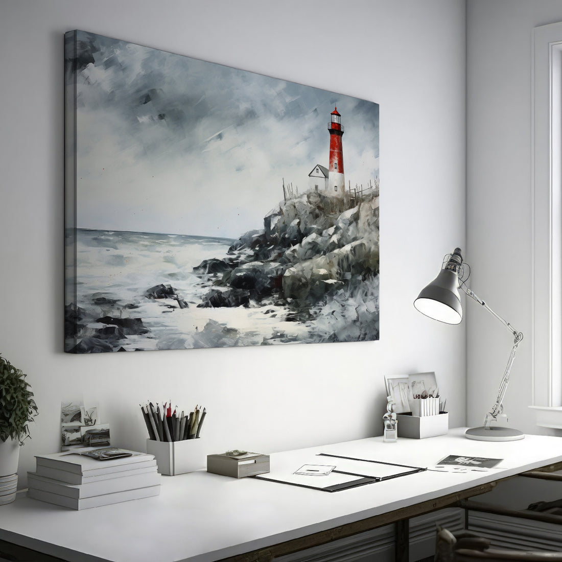 Expressionist painting of a stormy seascape with a red and white lighthouse on a cliff