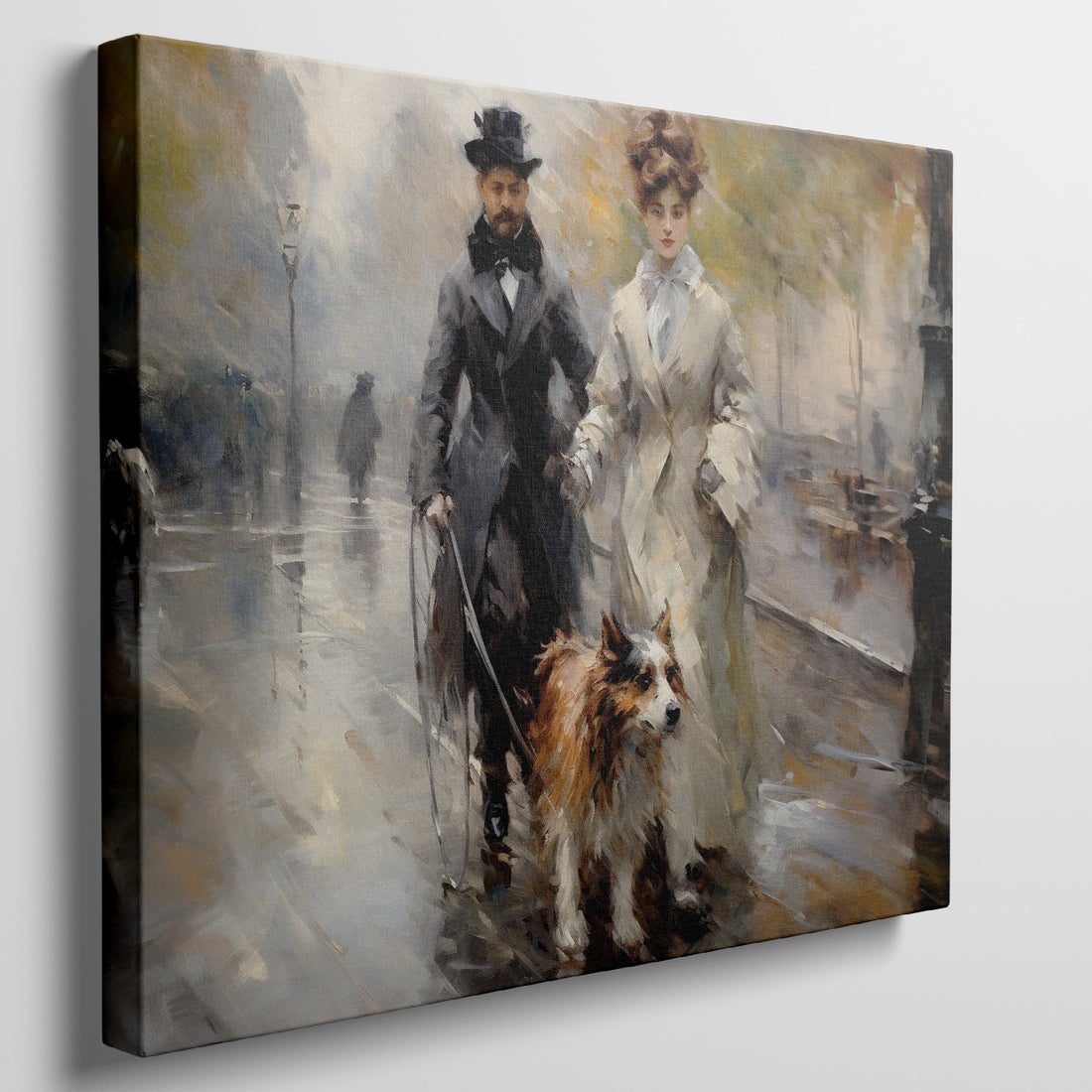 Framed canvas print of a Victorian couple and their dog walking on a rainy Paris street