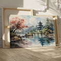 Framed canvas print of a traditional Asian pagoda by a lake with autumn cherry blossoms