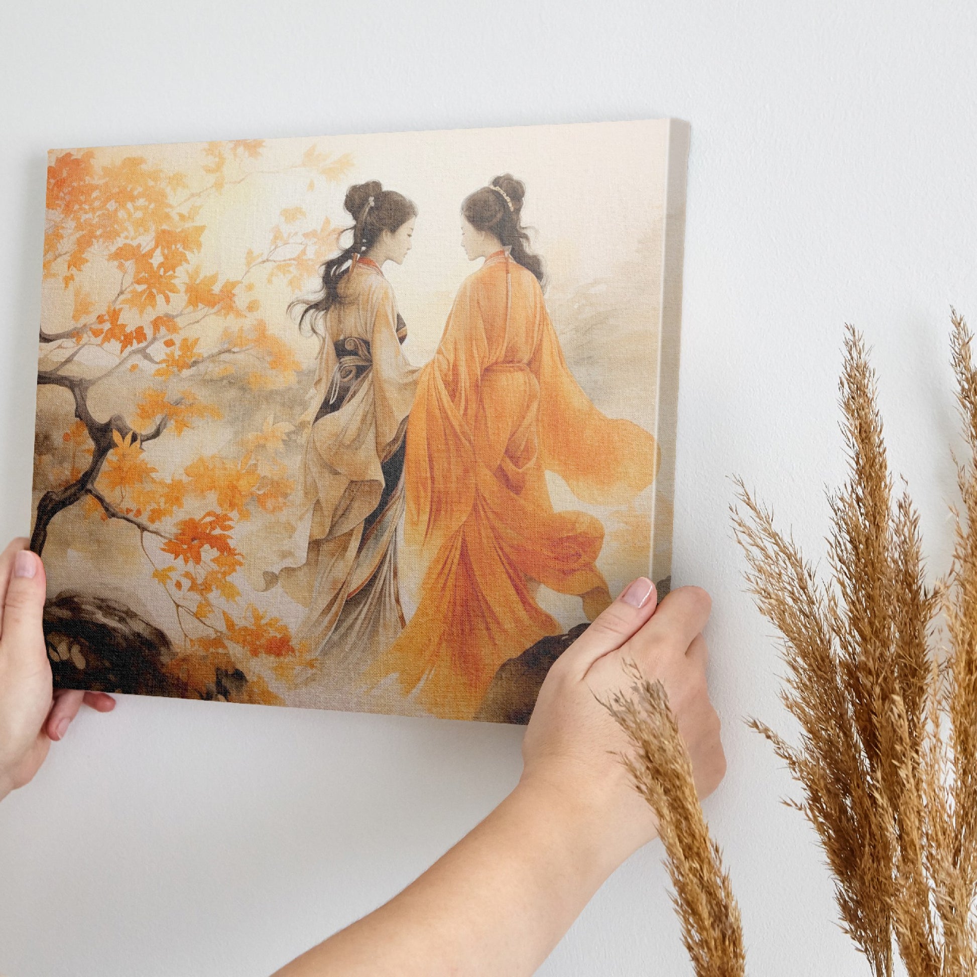 Framed canvas print of two elegant figures in traditional Chinese attire amidst vibrant orange autumn leaves.