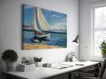 Framed canvas print of a serene sailboat seascape with vivid blue ocean and sky