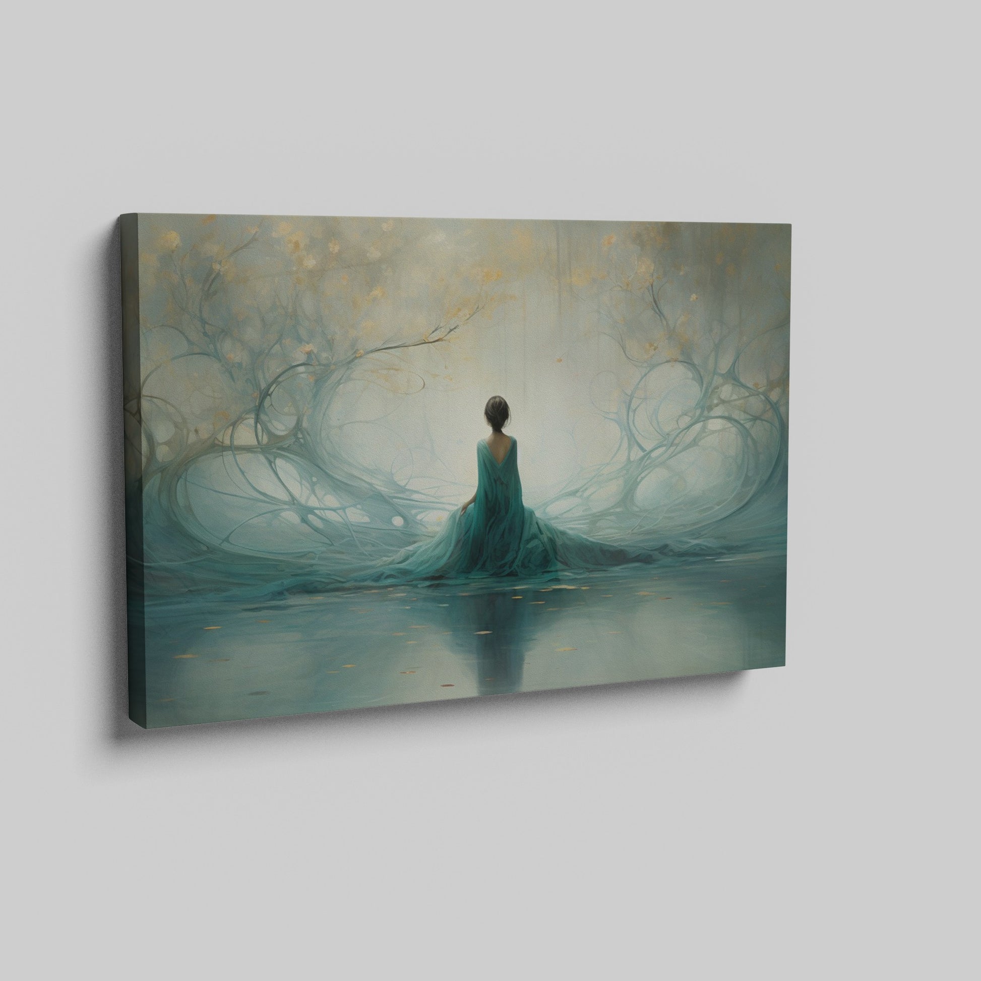 Framed canvas print of an ethereal woman amid a teal and gold enchanted forest