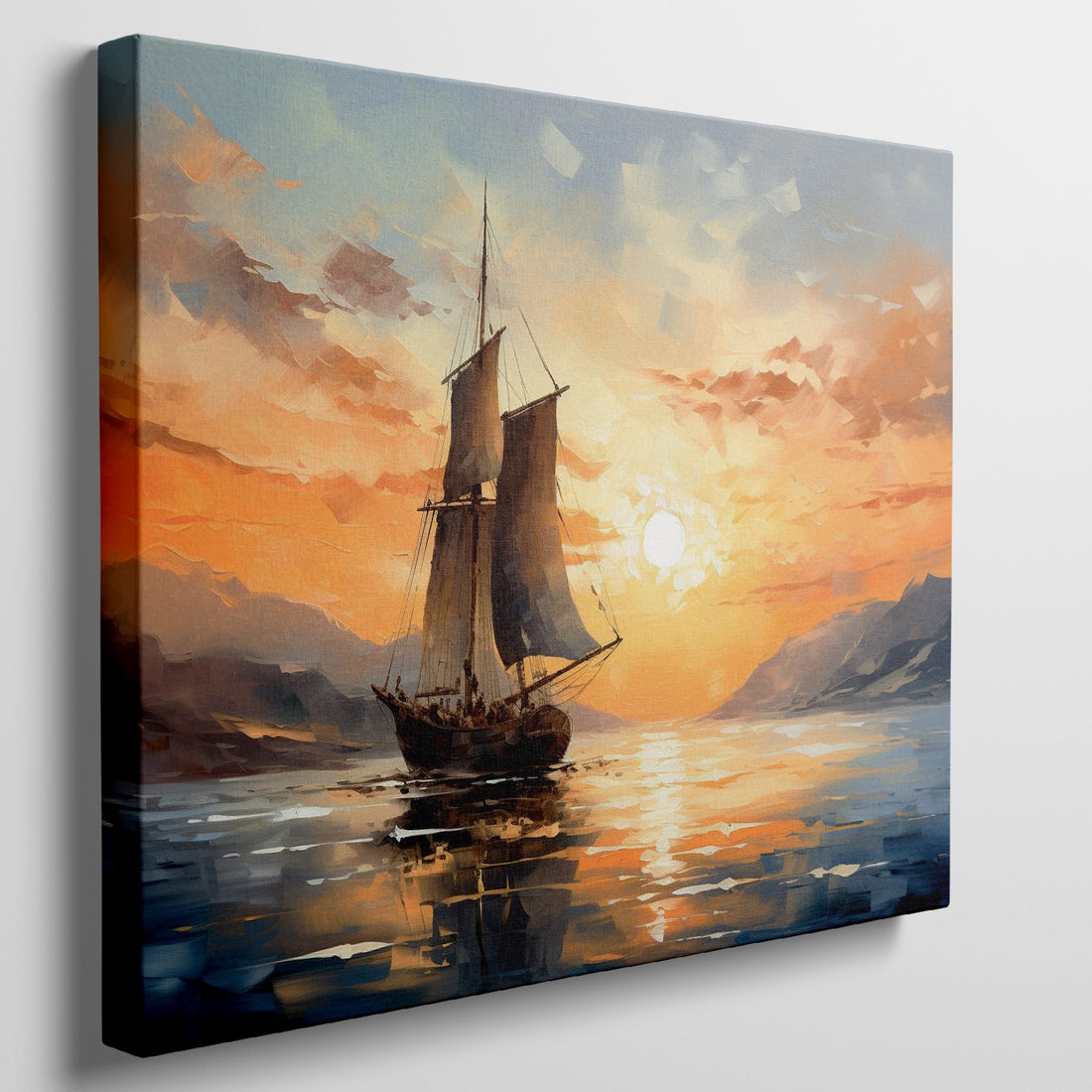 Impressionistic painting of a sailboat sailing at sunset with orange and blue skies reflected in the water