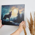 Framed canvas print of a wolf howling at sunset among forest trees