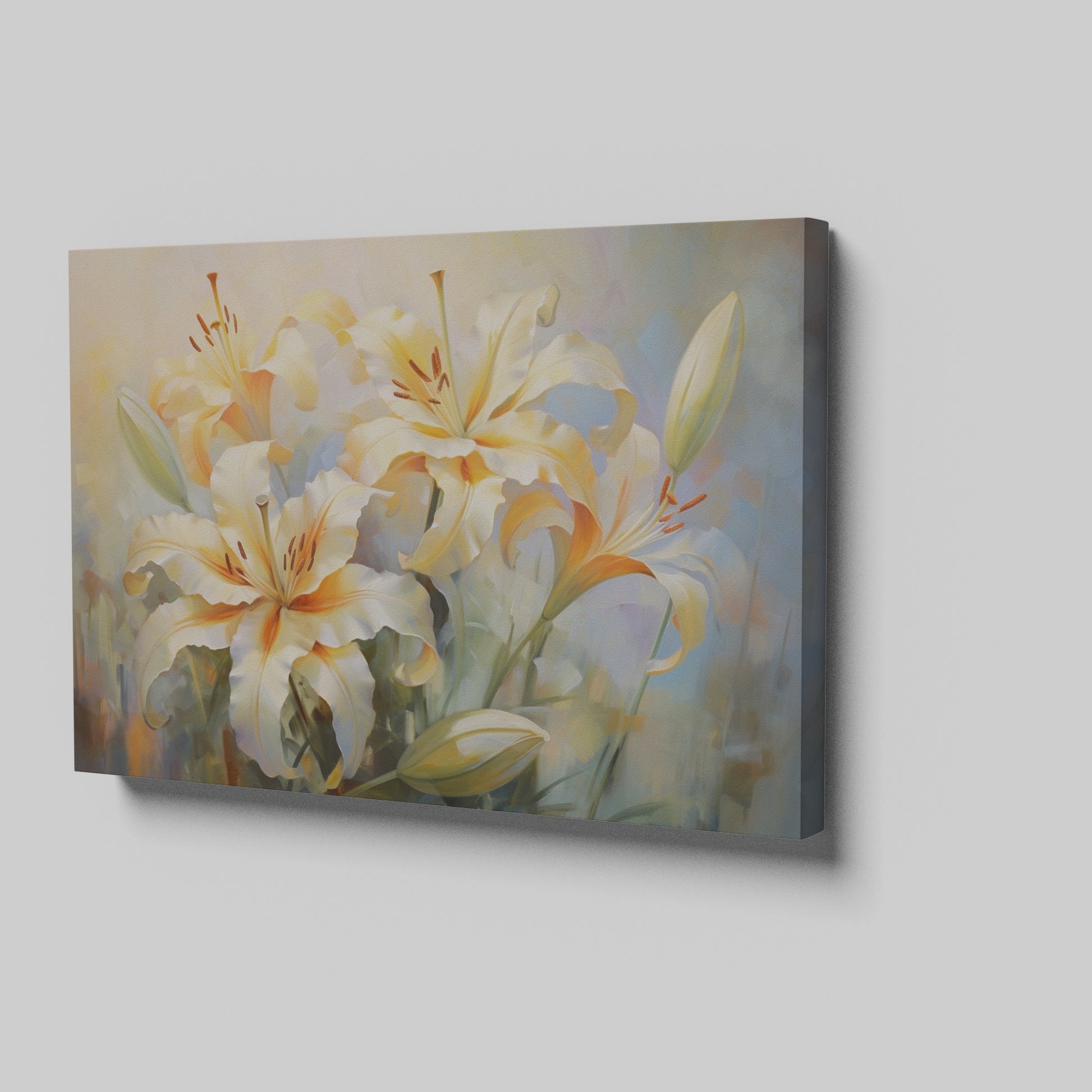 Framed canvas print of impressionist style lilies with soft pastel hues