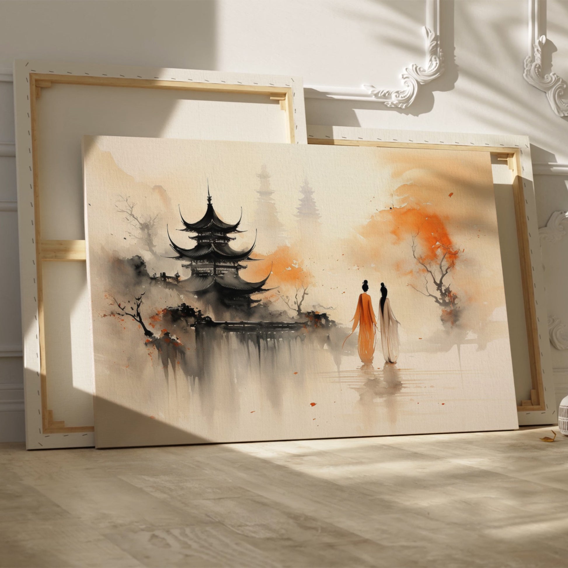 Framed canvas print of Oriental pagoda and autumn reflection with silhouetted figures in mist