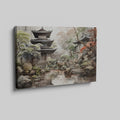 Framed canvas print of a tranquil traditional Asian landscape with a Japanese pagoda and garden