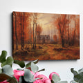 Framed canvas print of a traditional autumn forest landscape with a country house and warm red and brown tones