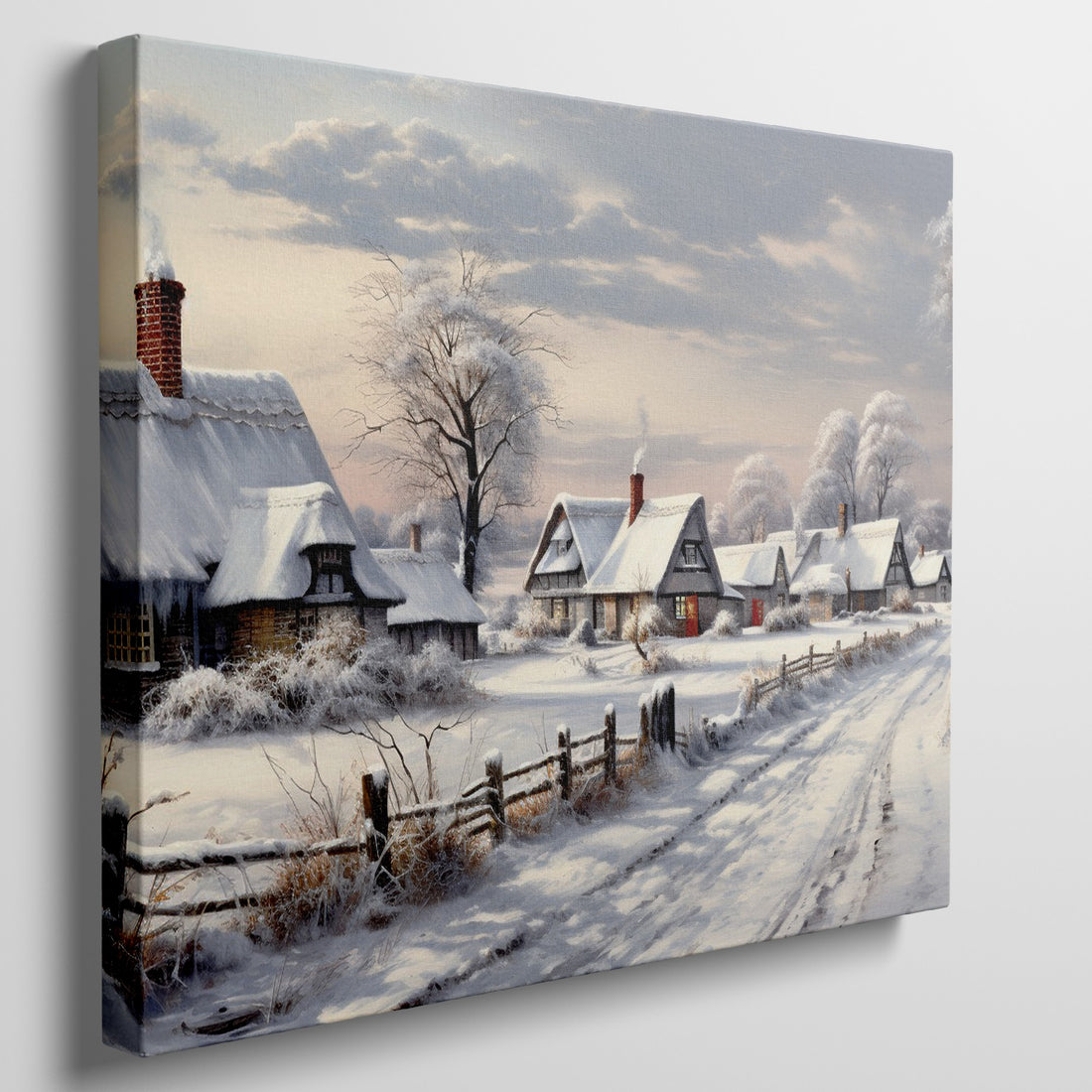 Framed canvas print of a winter scene with snow-covered thatched cottages and a country lane