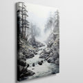 Framed canvas print of a tranquil mountain stream with misty forest backdrop