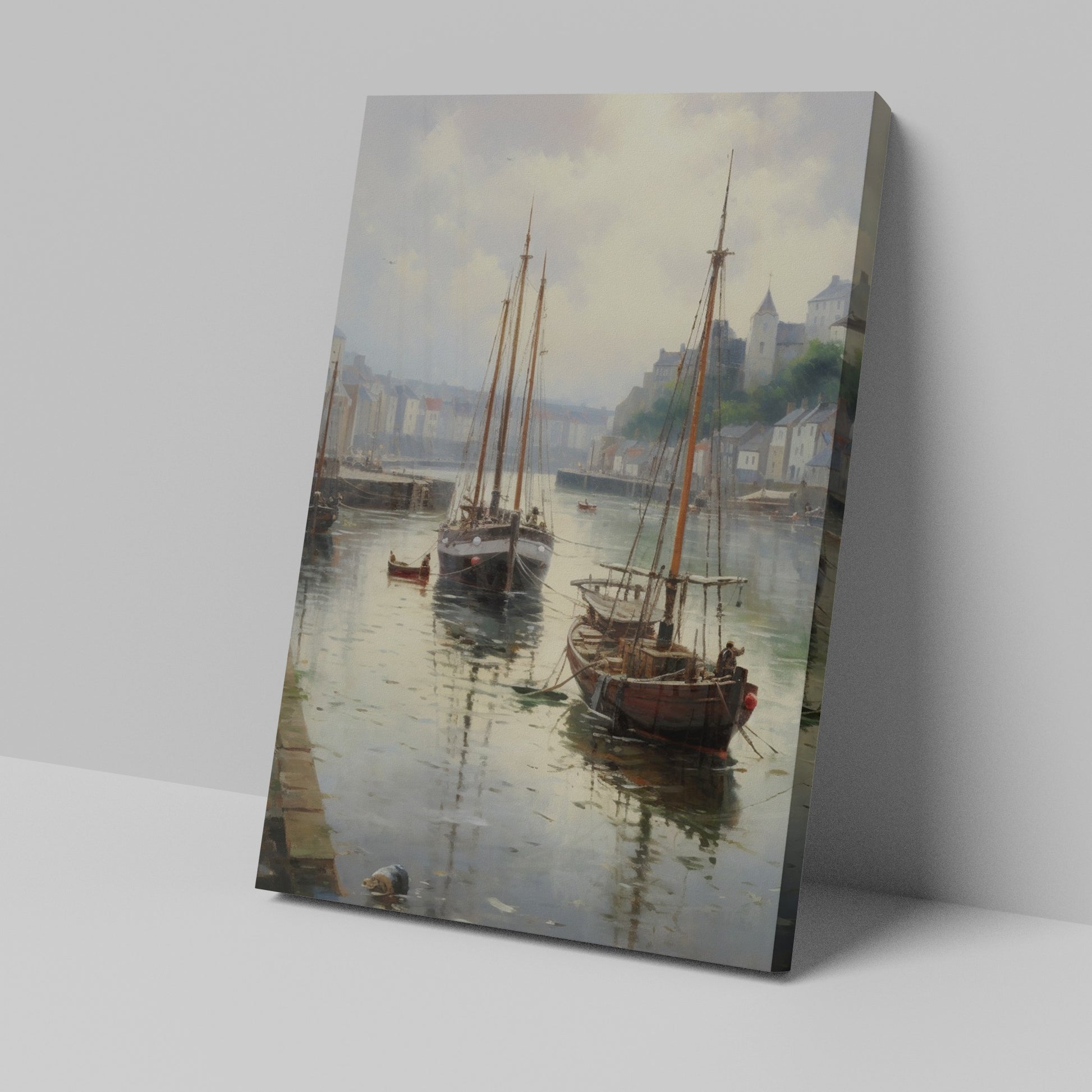 Framed canvas print of a tranquil harbour with vintage sailboats and quaint buildings