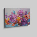 Framed canvas print of vibrant botanical impasto, with textured flowers in bright colours