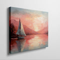 Framed canvas print of sailboats at sunset with orange and blue tones