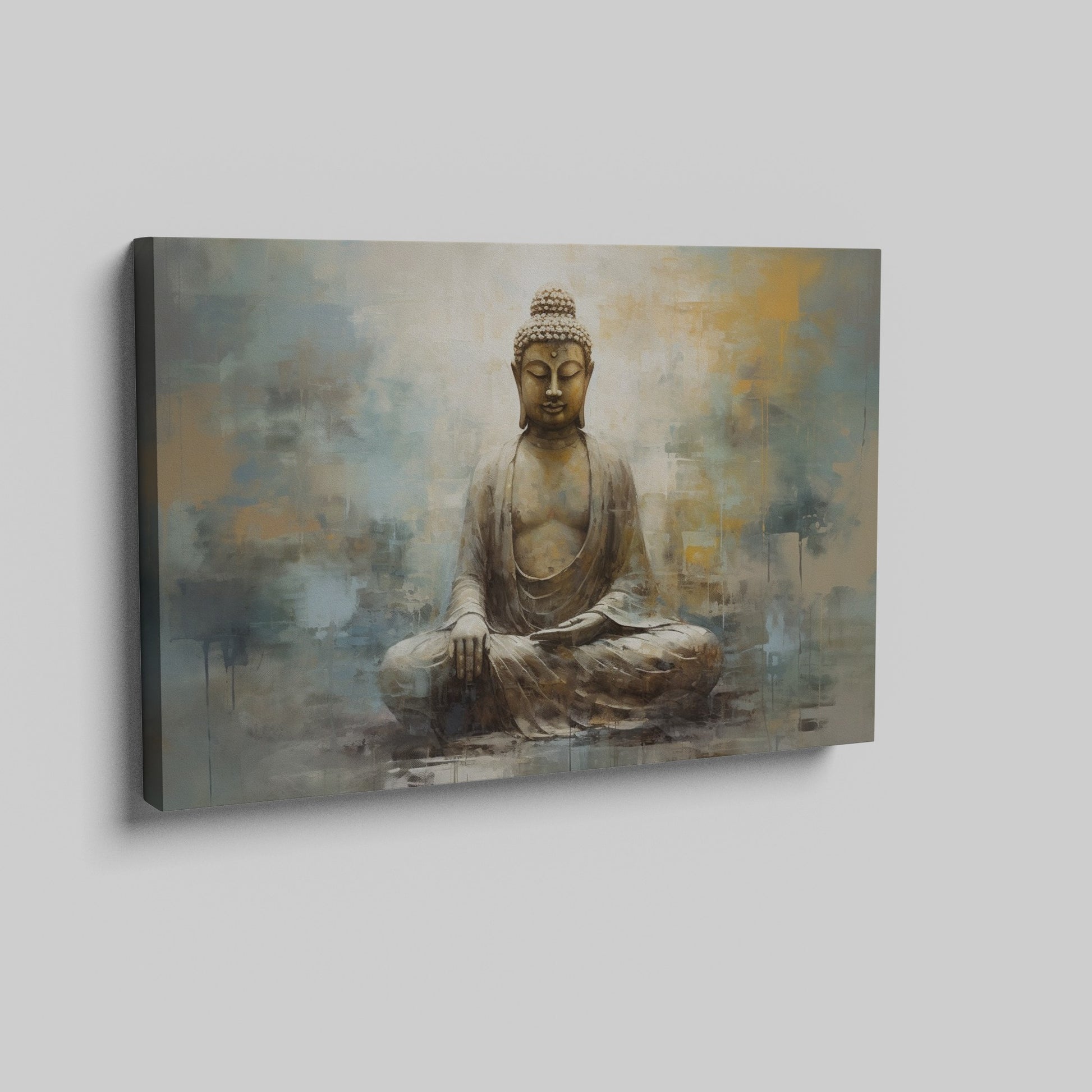 Framed canvas print of a serene Buddha in abstract style with earthy, golden hues