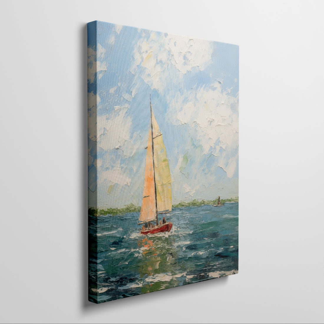 Framed canvas print of a textured impasto style painting featuring a sailboat with golden sails on the sea