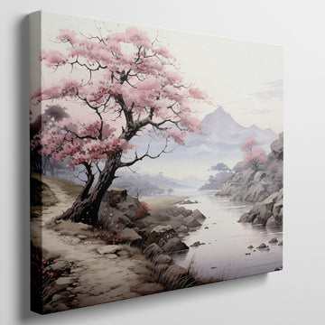 Framed canvas print of a serene cherry blossom landscape with mountains and a river