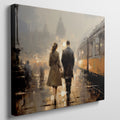 Framed canvas print of a couple's evening city walk with reflections and warm light tones