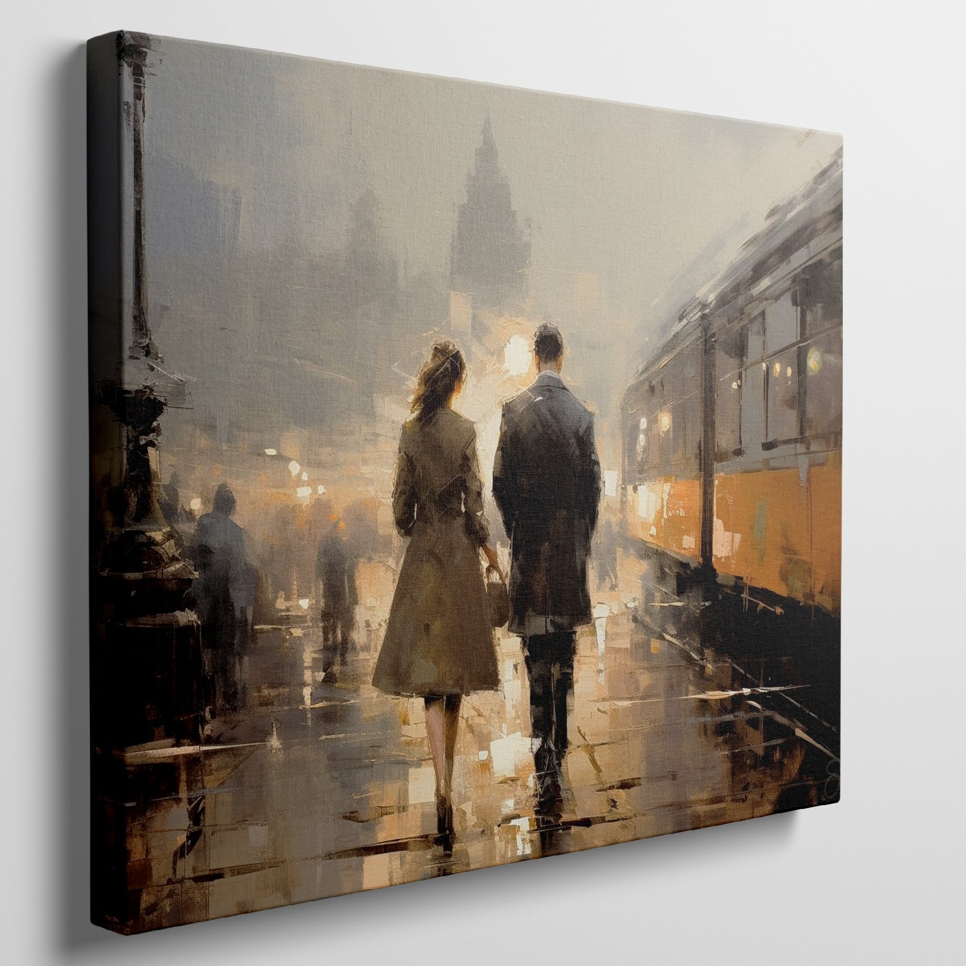 Framed canvas print of a couple's evening city walk with reflections and warm light tones