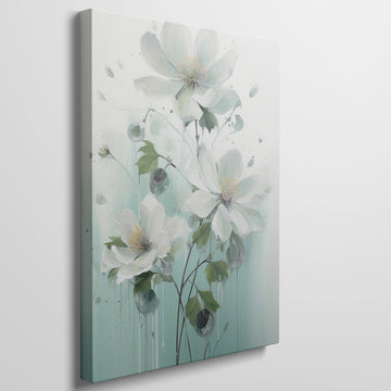 Framed canvas print of hand-painted style white flowers on a pastel background