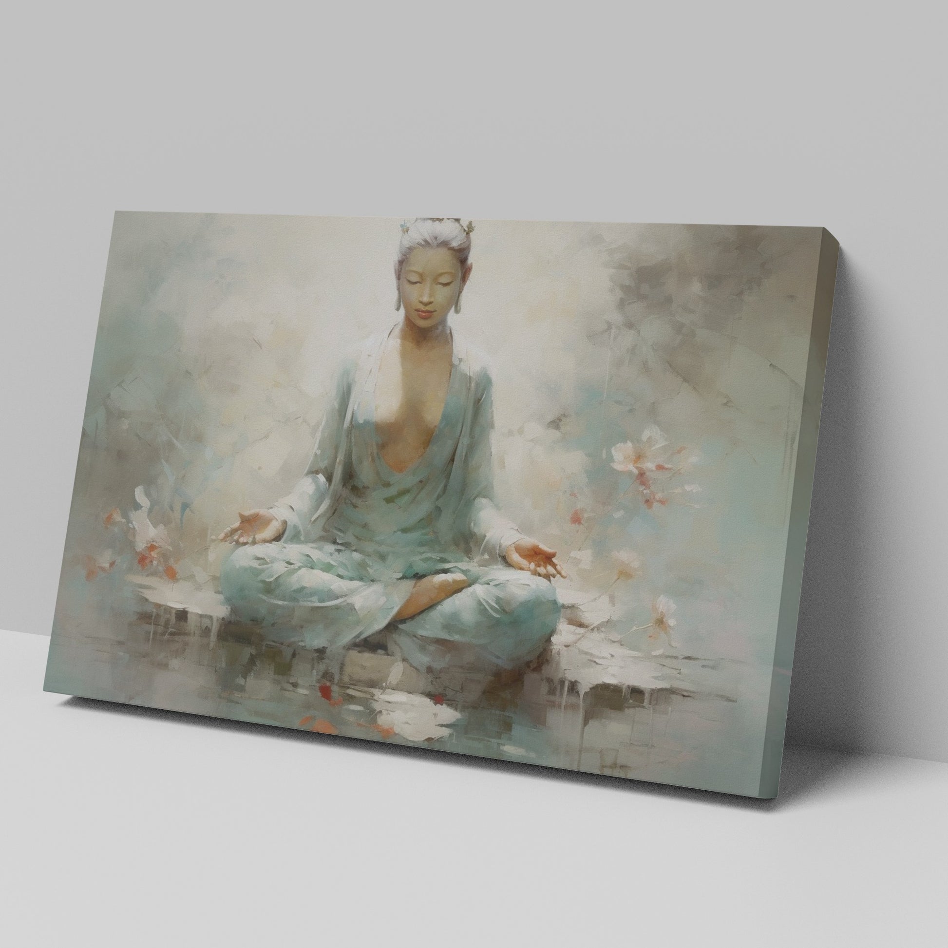 Framed canvas print of a meditative figure in serene surroundings with pastel colours