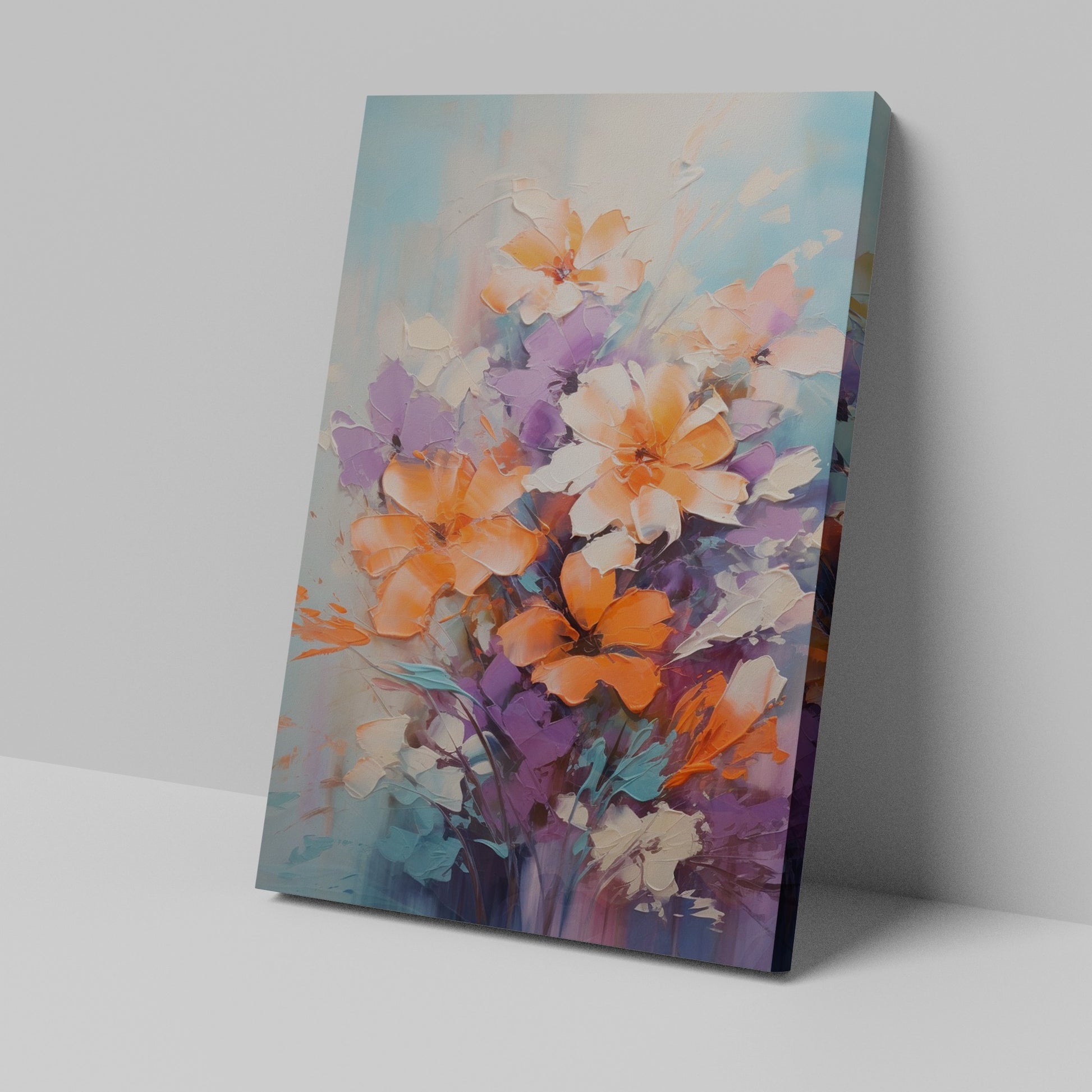 Framed canvas print of vibrant impasto style flowers with heavy texture in vivid orange and purple hues