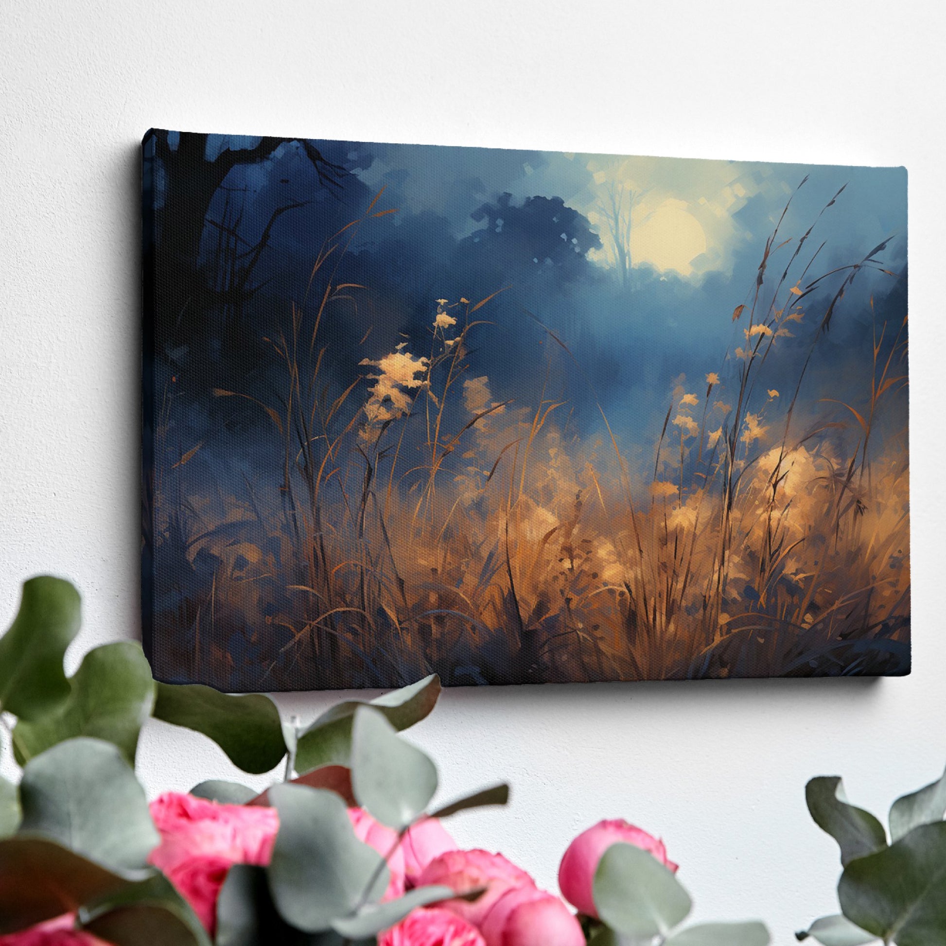 Framed canvas print of an impressionist landscape depicting a misty wilderness at sunrise with a blue and gold colour scheme