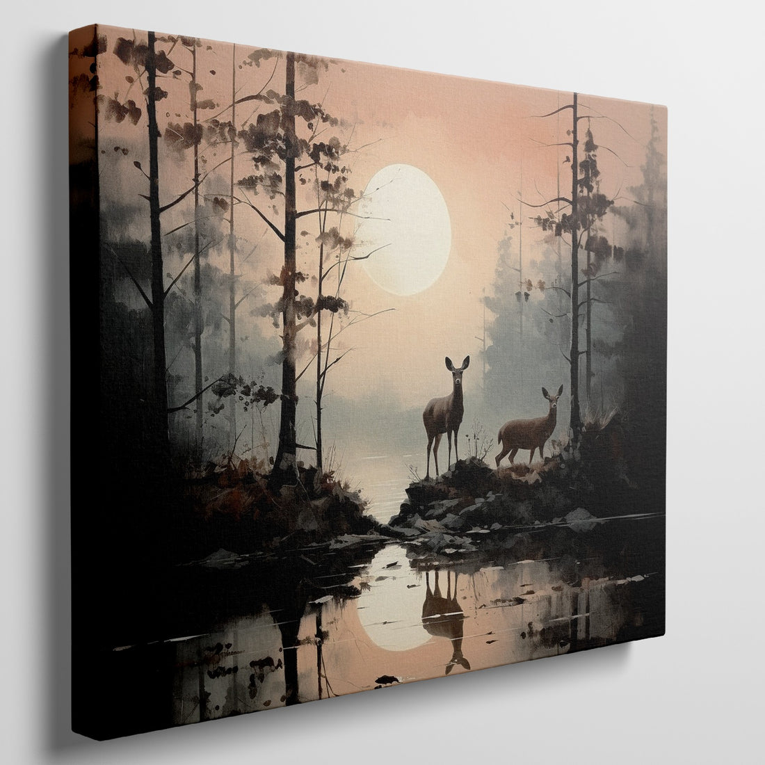 Framed canvas print of serene forest scenery with deer and sunset