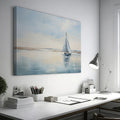 A serene painting of a sailboat on calm blue waters under a vast sky, reflecting a peaceful coastal scene.