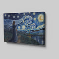 Framed canvas print of a woman in a blue dress gazing at a starry night sky with swirling patterns over a village