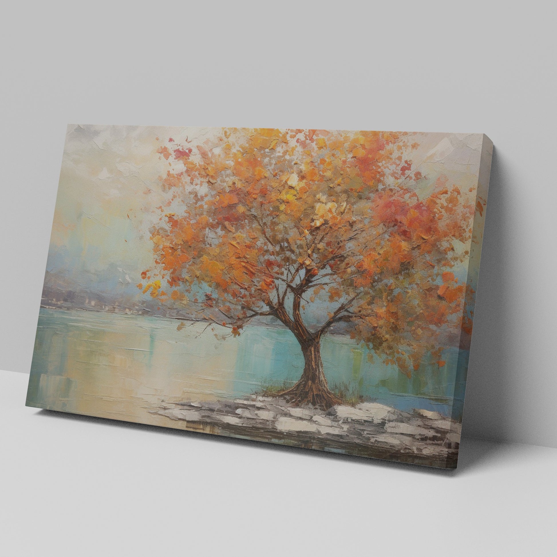 Framed canvas print of a textured autumnal tree with orange and gold foliage by a serene lake