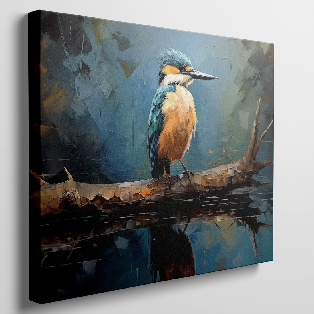 Framed canvas print of a Kingfisher bird with vibrant blue and orange plumage, perched on a branch over reflective water