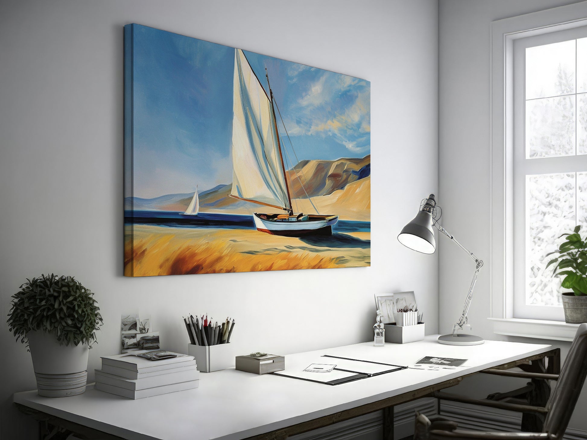 Framed canvas print of sailing boats with white sails against a backdrop of blue skies and dunes