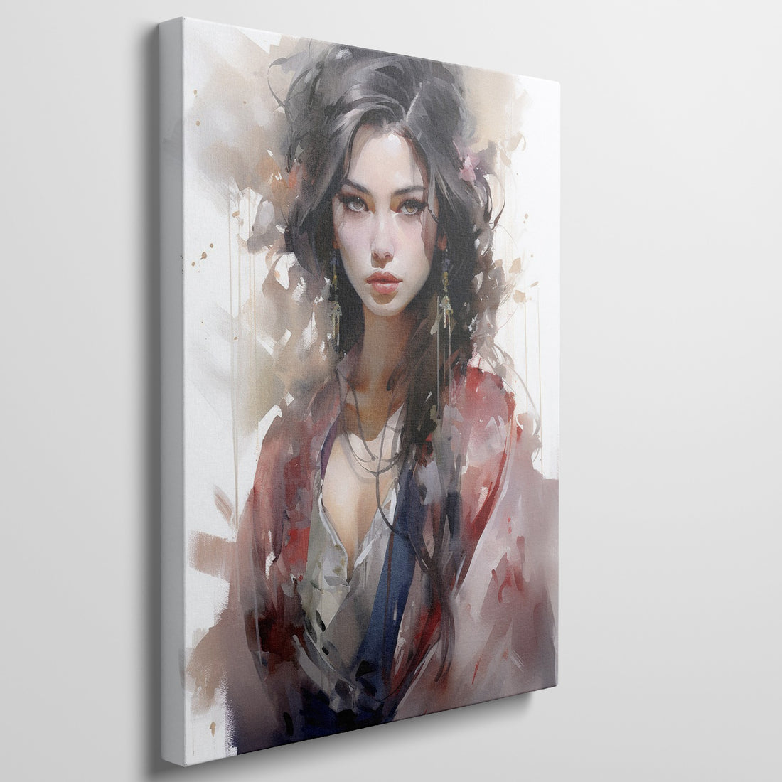 Framed canvas print of abstract female portrait with vibrant colours and watercolor style