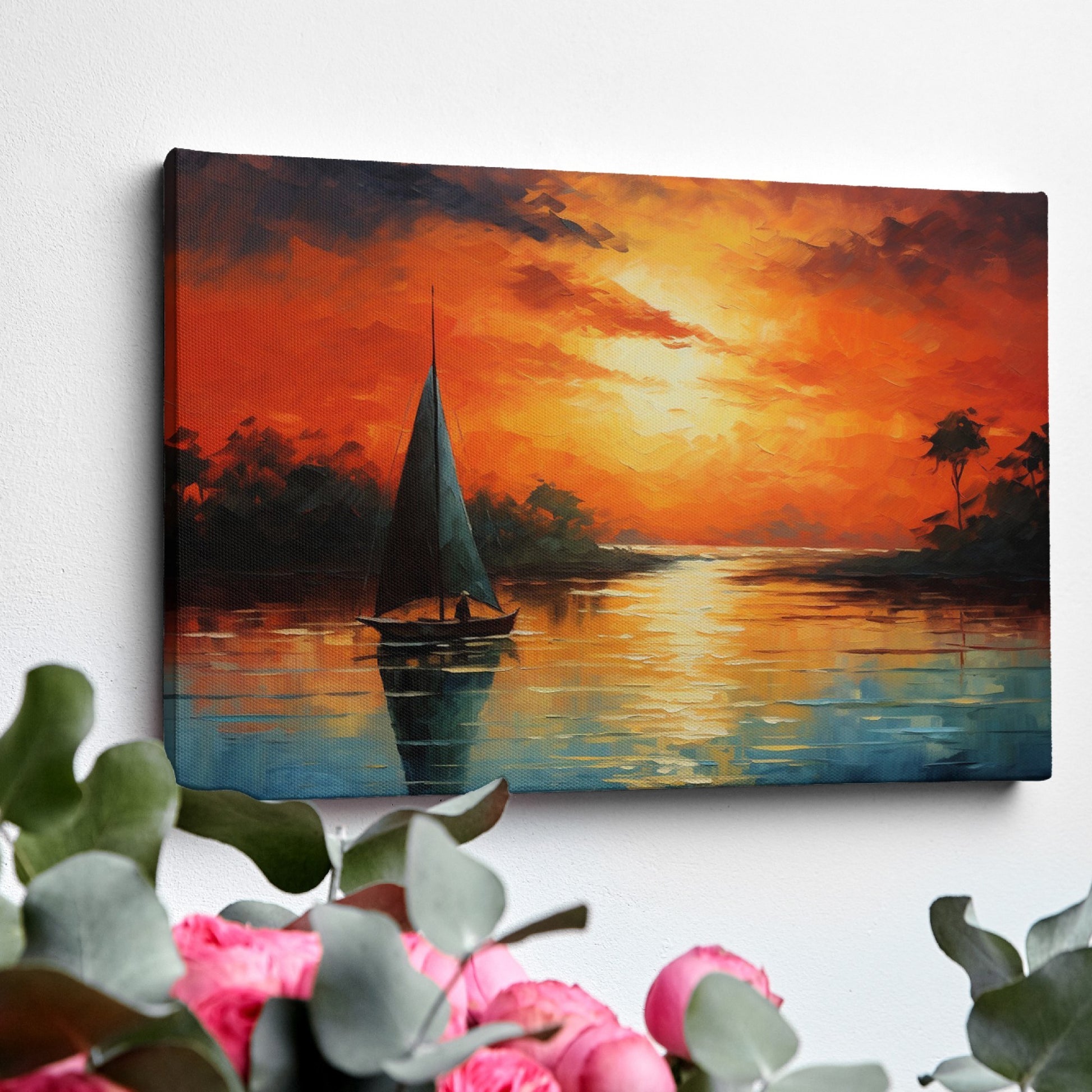 Framed canvas print of a vibrant impressionist sailboat against an orange hued sunset