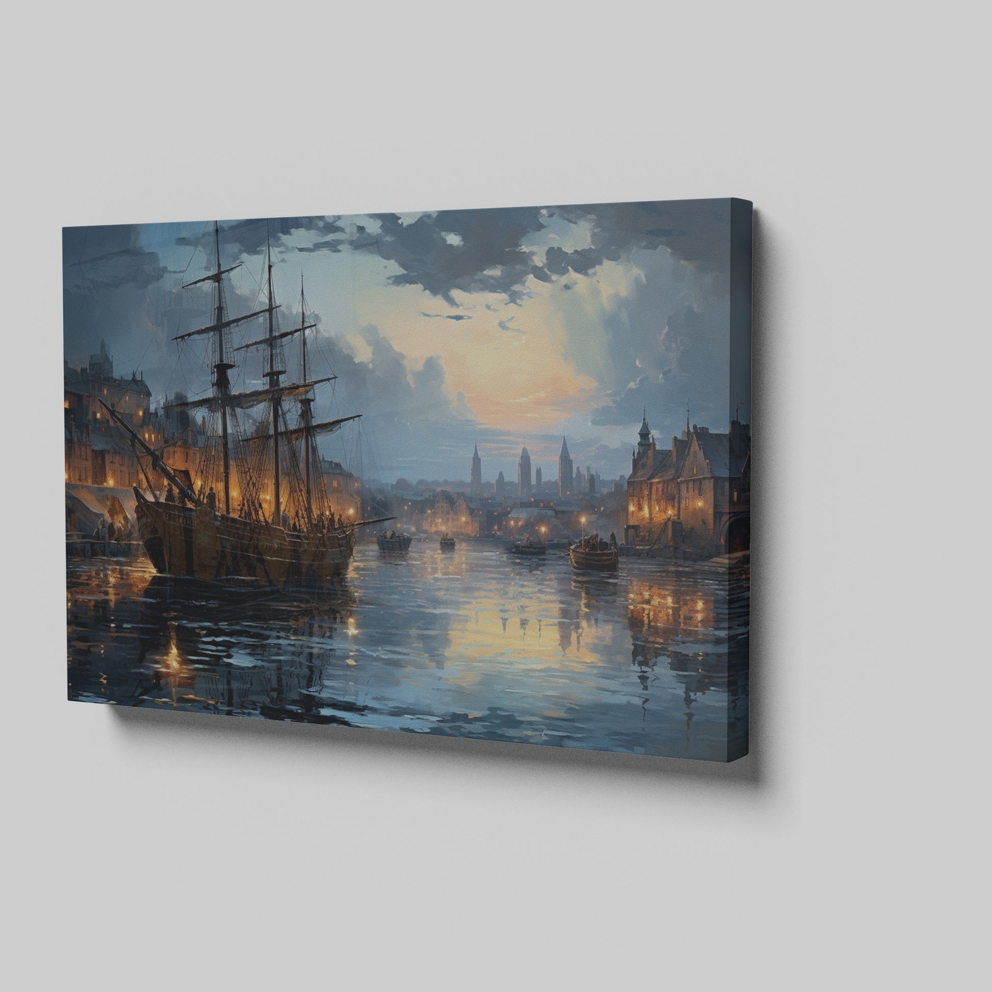 Framed canvas print of historical harbour at sunset with ships and city lights